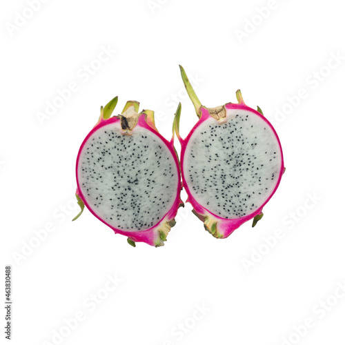 Dragon fruit slice in middle isolate on white background. The fruit takes a photo close-up high resolution.