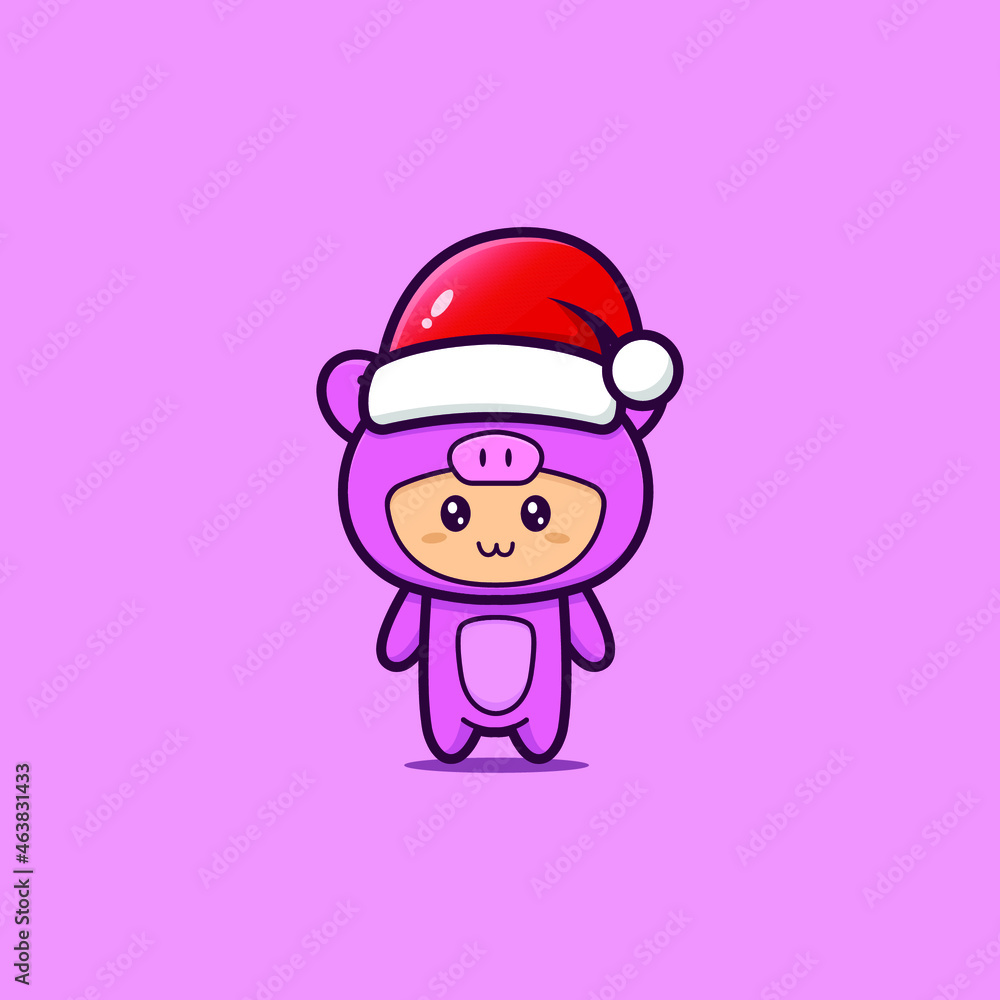 Cute of Christmas pig mascot. Isolated on pink background Cute of Christmas pig mascot. Isolated on pink background