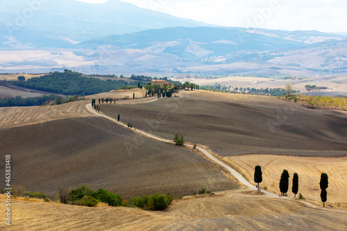 Val d' Orcia (SI), Italy - August 05, 2021: Val d' Orcia landscape, Tuscany, Italy photo