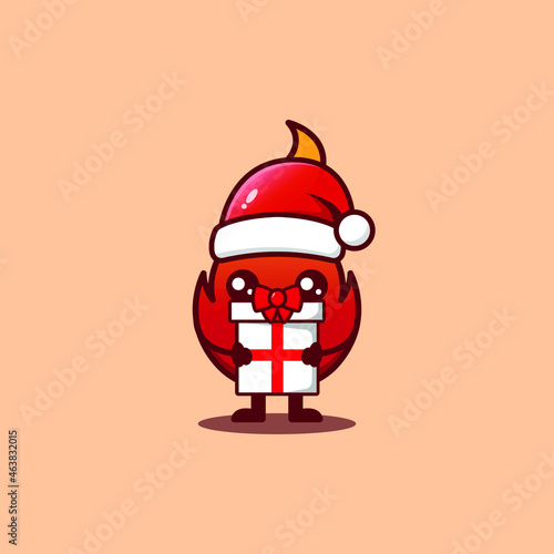 Cute of happy Christmas fire gets a gift. Isolated on red background