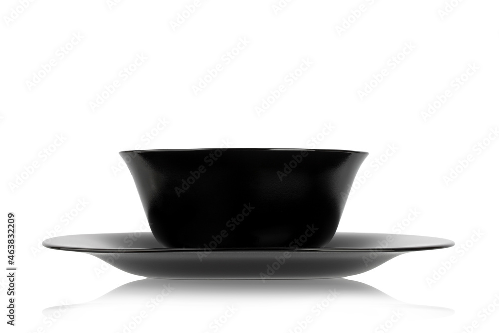 black round porcelain plate, isolate on a white background black round porcelain plate, isolate on a white background