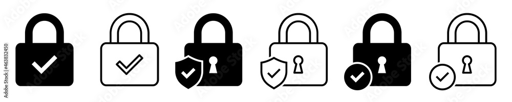 Set of security lock icons. Circle and shield with lock icon with check ...