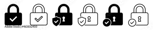Set of security lock icons. Circle and shield with lock icon with check mark. Security lock, cyber defence. Vector illustration.