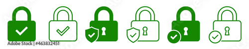 Set of security lock icons. Circle and shield with lock icon with check mark. Security lock, cyber defence. Vector illustration. photo