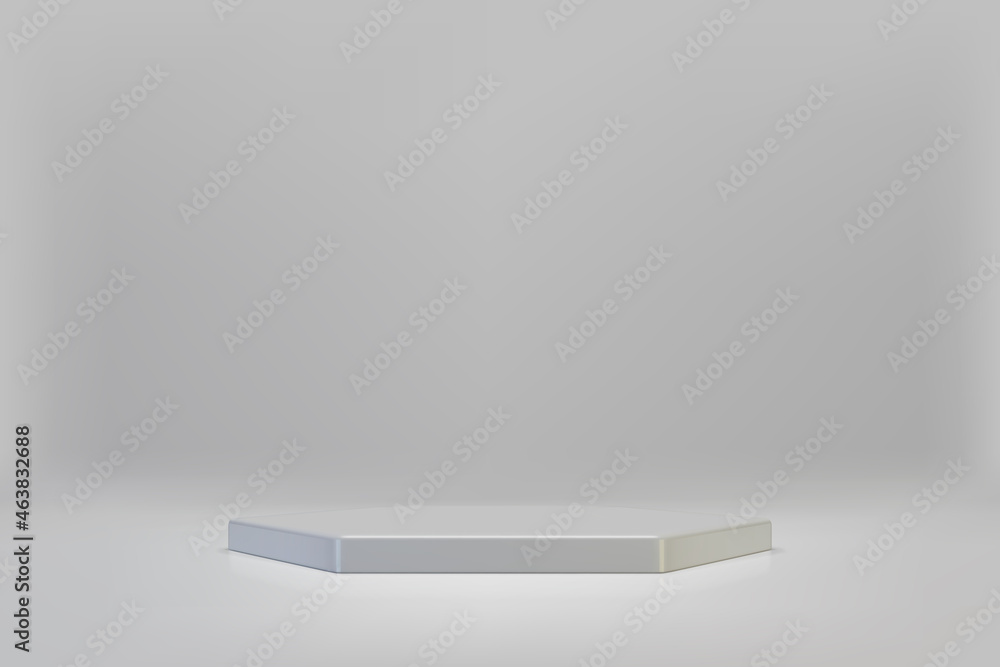 3D white hexagon podium on light background. Empty stage for product ...