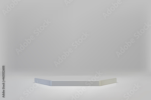 3D white hexagon podium on light background. Empty stage for product presentation. Realistic vector platform with free space. Minimalistic mockup design. Template of pedestal