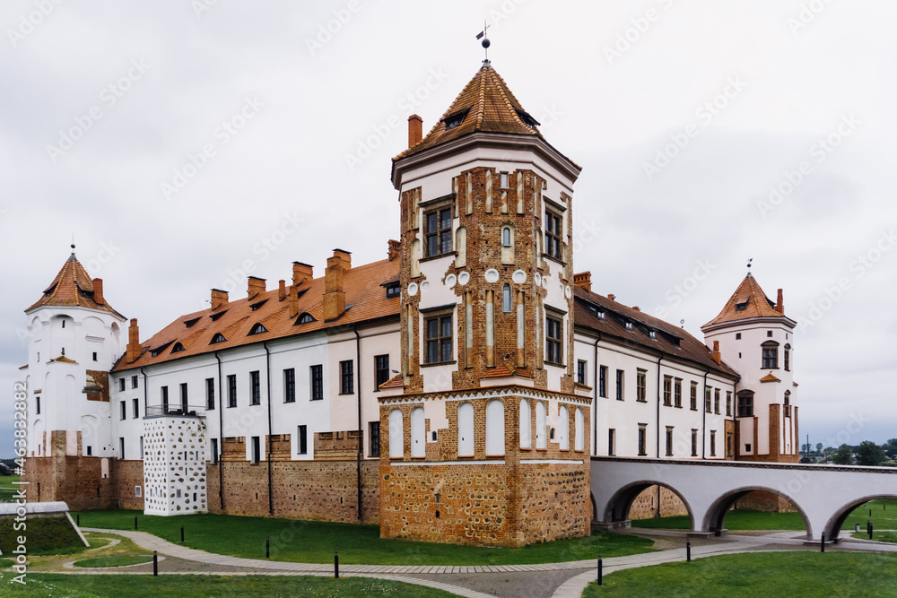 Ancient medieval Mir Castle Complex in the town of Mir. Historical heritage of Belarus. Famous landmark in summer