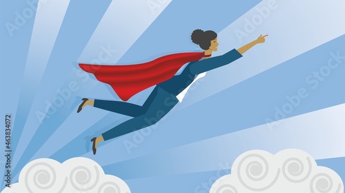 Woman, superwoman, superhero flying in the sky. Dimension 16:9. Vector illustration. EPS10.