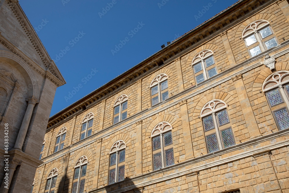 Pienza (SI), Italy - August 15, 2021: Piccolomini palace in Pienza village, Tuscany, Italy