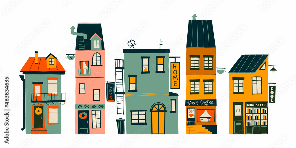 hand-drawn set with cute cozy houses. Flat design. Hand drawn trendy illustrations. colored vector illustration. All elements are isolated hand-drawn set with cute cozy houses. Flat design. Hand drawn trendy illustrations. colored vector illustration. All elements are isolated