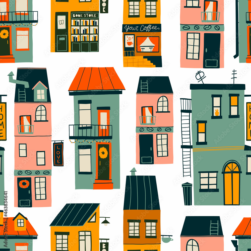 seamless pattern with cute cozy houses, hand-drawn. Flat design. Hand drawn trendy illustrations. colored vector illustration. All elements are isolated