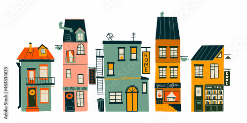 hand-drawn set with cute cozy houses. Flat design. Hand drawn trendy illustrations. colored vector illustration. All elements are isolated