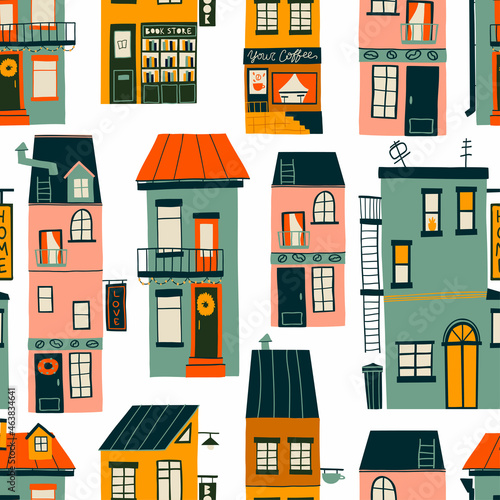 seamless pattern with cute cozy houses, hand-drawn. Flat design. Hand drawn trendy illustrations. colored vector illustration. All elements are isolated
