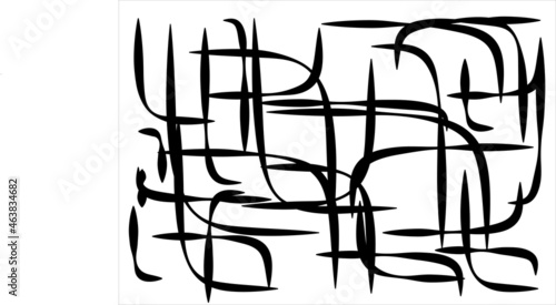 Fondo abstracto  de trazos negros y curvos sobre fondo blanco. Cafetería, sillas y mesa