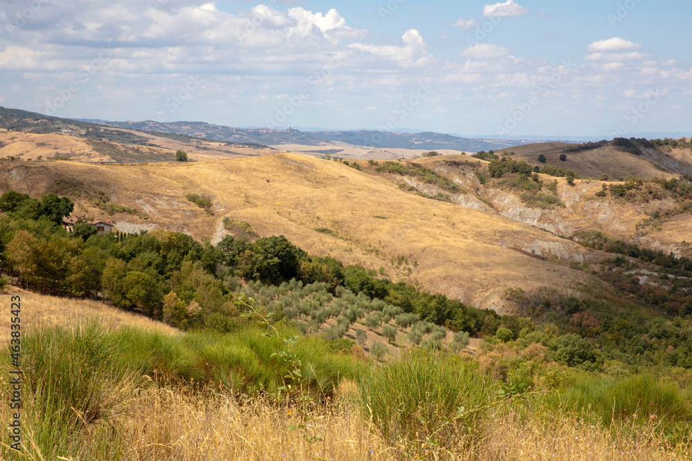 Val d' Orcia (SI), Italy - August 05, 2021: Typical landscape in val d' Orcia, Tuscany, Italy Val d' Orcia (SI), Italy - August 05, 2021: Typical landscape in val d' Orcia, Tuscany, Italy