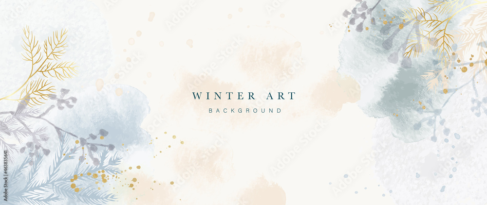 Winter background vector. Hand painted watercolor and gold brush texture, Flower and botanical leaves hand drawing. Abstract art design for wallpaper, wall arts, cover, wedding and  invite card.  - obrazy, fototapety, plakaty 