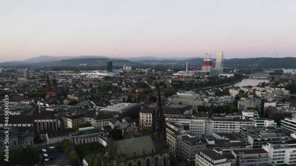 Aerial flying towards Rhine and Elisabethen Church, Basel, Switzerland Aerial flying towards Rhine and Elisabethen Church, Basel, Switzerland