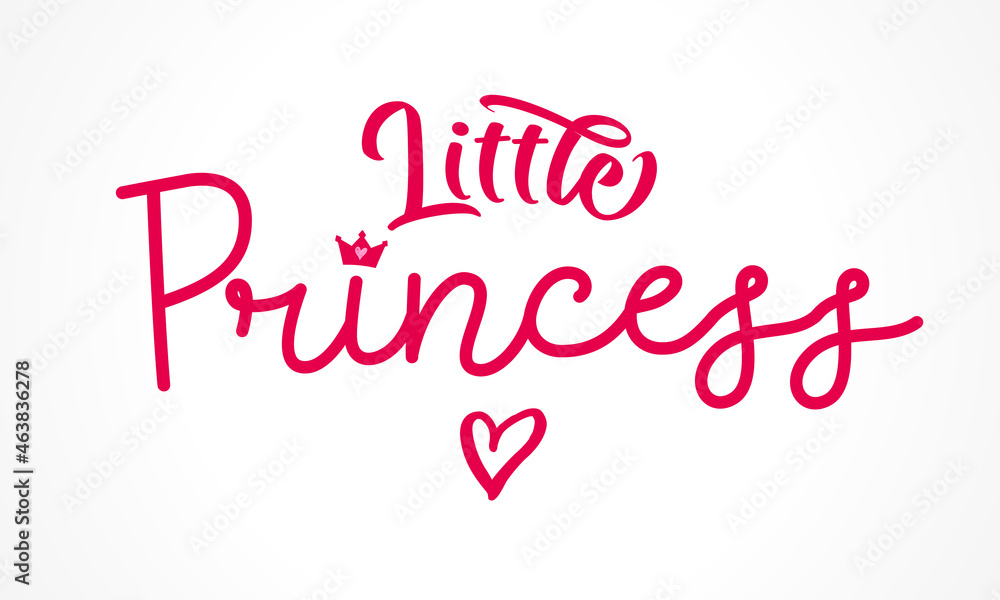 Little Princess crown calligraphy logo. Hand drawn lettering modern baby shower. Pink heart, crown elements and phrase quote. Card, prints, t-shirt, invintation, poster design