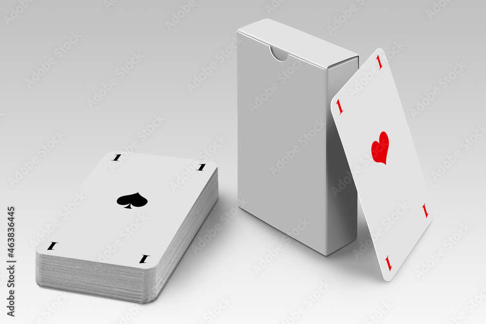 Stack of playing cards with box and Two aces isolated on white