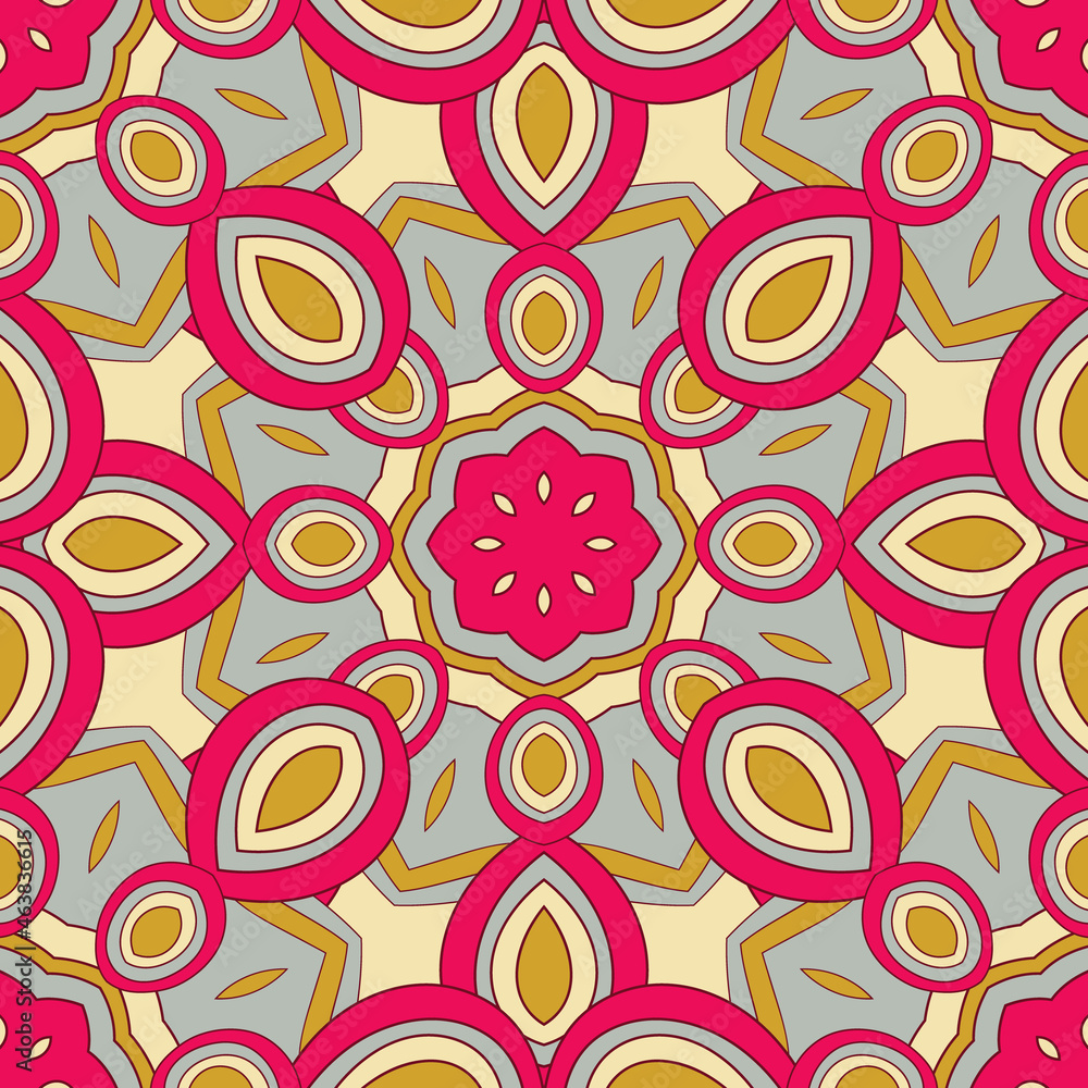 Vector seamless background with flowers. Round pattern. Endless colorful texture with doodle elements. Use for wallpaper, textile, book cover, clothes. In yellow and red colors
Vector seamless background with flowers. Round pattern. Endless colorful texture with doodle elements. Use for wallpaper, textile, book cover, clothes. In yellow and red colors