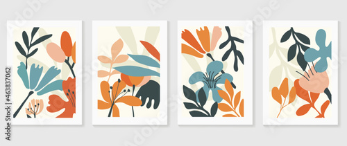 Abstract art nature background vector. Modern shape line art wallpaper. Boho foliage botanical leaves watercolor texture design for home deco, wall art, social media post and story background.