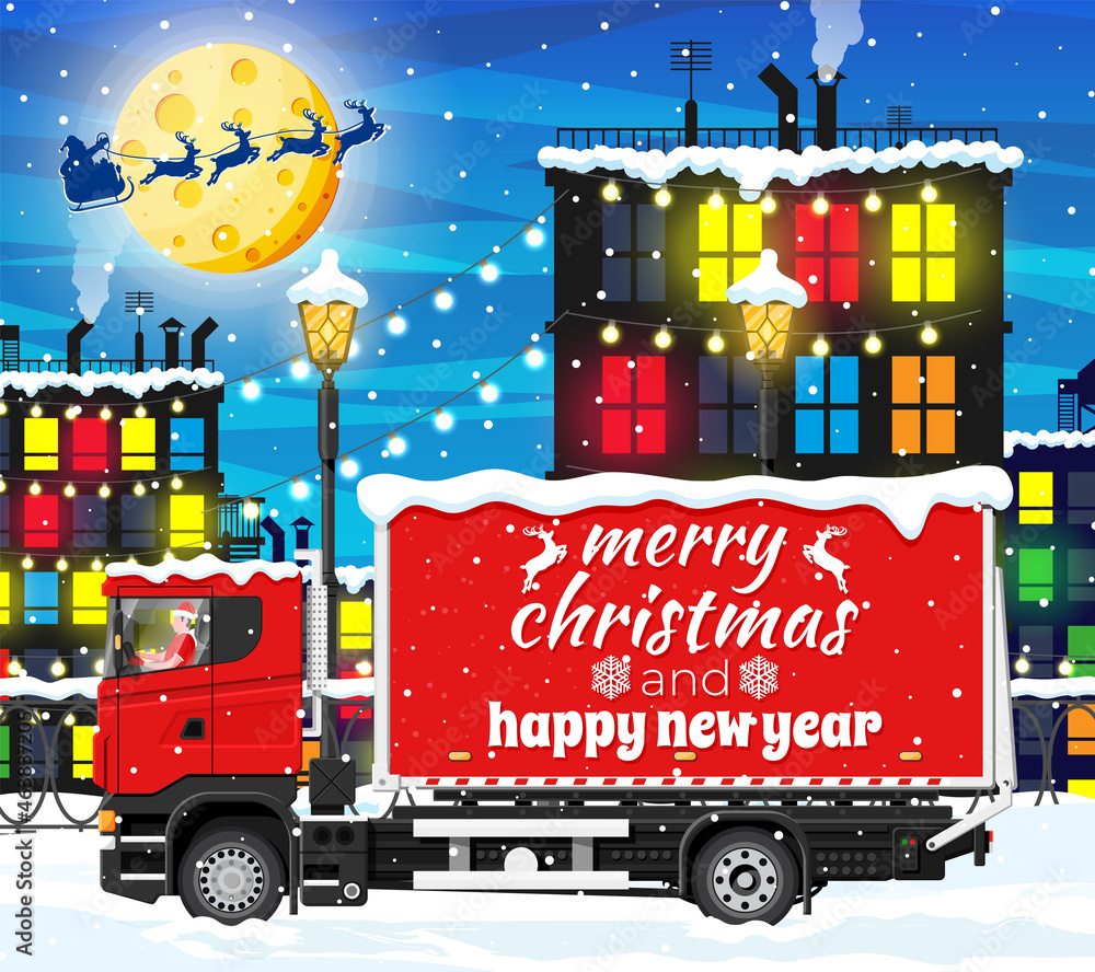 Christmas Delivery Truck in Town. Delivery Man in Santa Claus Hat. Happy New Year Decoration. Merry Christmas Holiday. City Covered Snow. New Year and Xmas Celebration. Flat Vector Illustration - obrazy, fototapety, plakaty 
