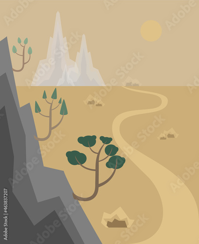  Trees geotropism (gravitropism, gravity) in the mountain.  Vector landscape illustration. photo