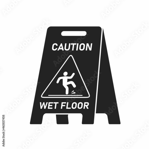 Black wet floor caution sign isolated on white background, Public warning symbol clipart. Slippery surface beware plastic board design element. Falling human pictogram. Vector illustartion
