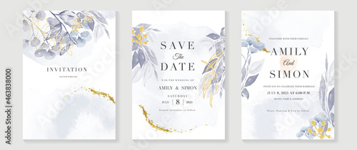 Luxury wedding invitation card background  with golden line art flower and botanical leaves, Organic shapes, Watercolor. Abstract art background vector design for wedding and vip cover template.