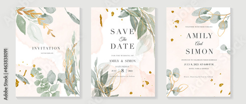 Luxury wedding invitation card background  with golden line art flower and botanical leaves, Organic shapes, Watercolor. Abstract art background vector design for wedding and vip cover template. photo