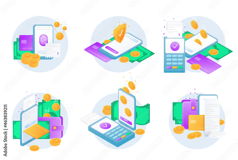 Mobile payment set. A digital money transaction. Online sending money from mobile wallet to bank card, golden coins transfer app and e payment vector illustration set. Mobile payment set. A digital money transaction. Online sending money from mobile wallet to bank card, golden coins transfer app and e payment vector illustration set.