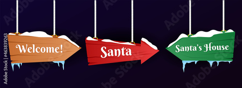 Set of wooden street signs in the snow, winter pointers in flat style. Winter holiday xmas symbol, cartoon banner. Vector illustration EPS10