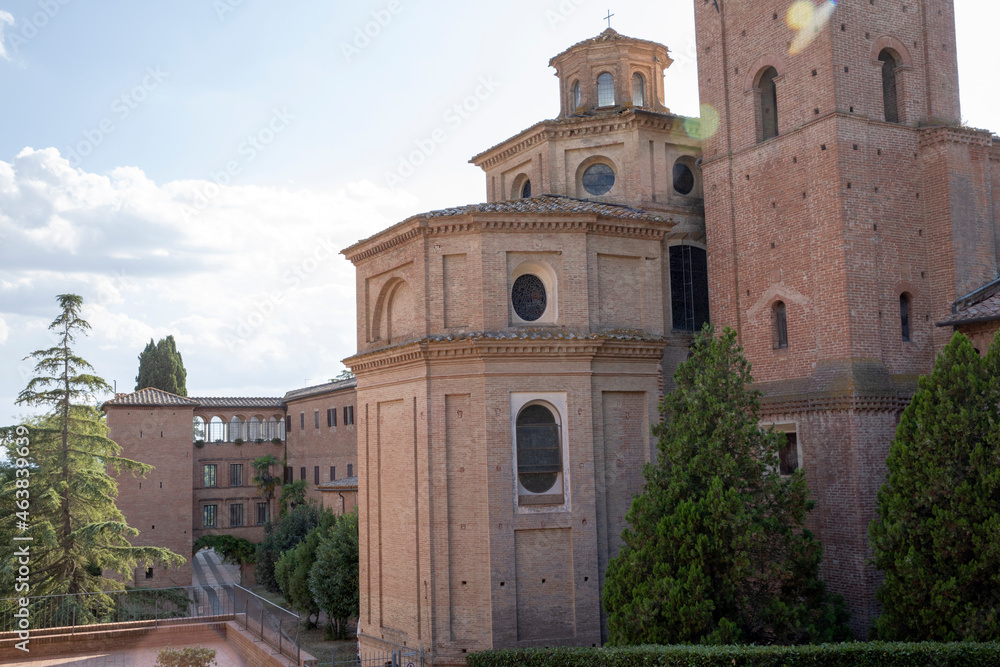 Asciano (SI), Italy - August 15, 2021: Monteoliveto Maggiore Abbey, Asciano, Siena, Tuscany, Italy