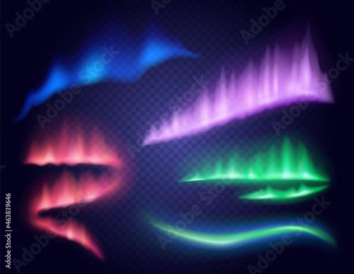 Realistic lights of arctic aurora borealis, northern natural phenomenon. Northern polar lights and aurora borealis glow