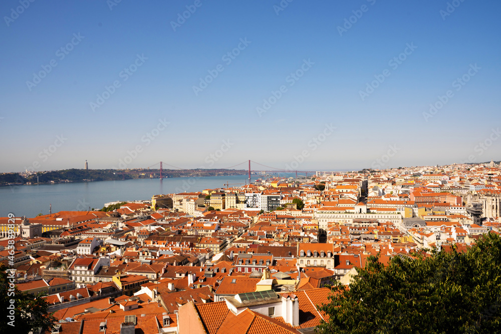 Panoramic view of the roofs of traditional houses next to the river