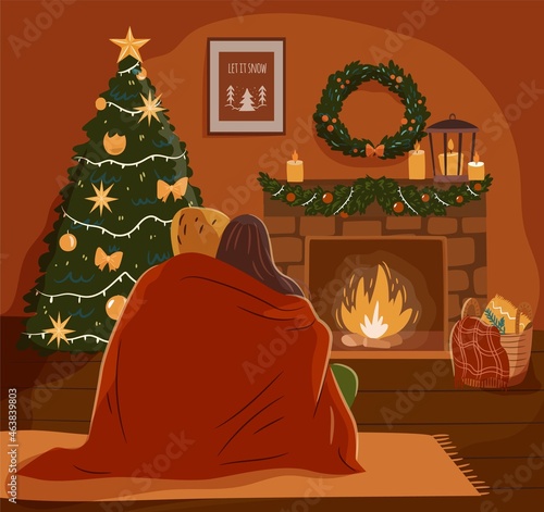Cozy Christmas evening concept. Couple at a decorated fireplace. Flat vector illustration