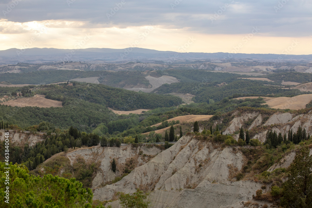 Chiusure, Asciano (SI), Italy - August 15, 2021: Landscape view from Chiusure village, Asciano, Tuscany, Italy
