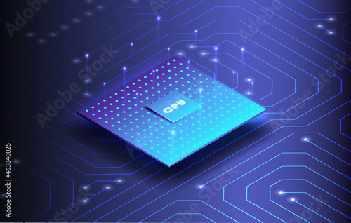 Futuristic projection of the microchip of the future. 3D closeup of cpu for web design. CPU isometric banner. Central Computer Processors CPU concept.Digital chip photo