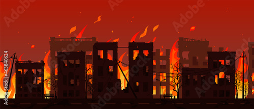 Burning city ruins in fire, destroyed town houses, war or natural disaster background
