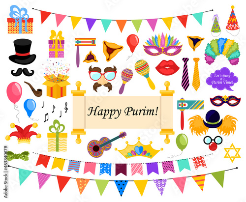 Design for Jewish holiday Purim with masks and traditional props. Happy Purim Jewish festival, carnival, Purim props icons.