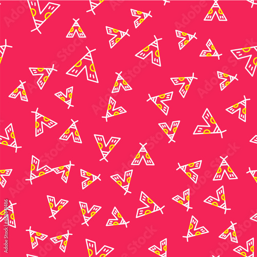 Line Traditional indian teepee or wigwam icon isolated seamless pattern on red background. Indian tent. Vector