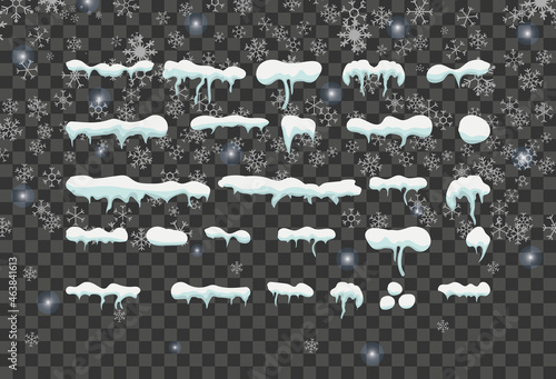 Snow caps, snowballs and drifts set. Collection of snow caps vectors. Snowfall and snowflakes in motion. Flat. Vector illustration