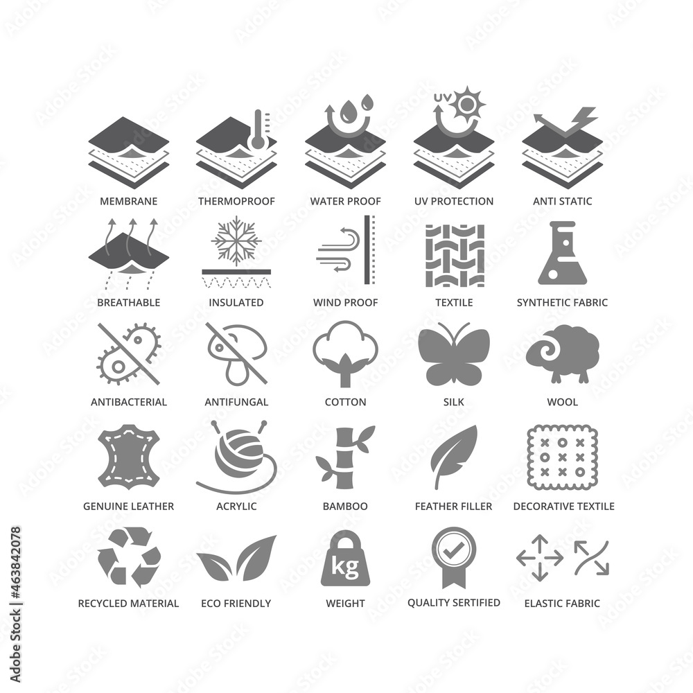 Fabric material feature vector icon set. Fabrics features and properties black glyph symbols.