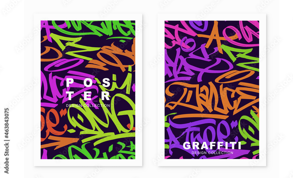 multicolored graffiti poster  background with marker letters, bright colored banner lettering tags in the style of graffiti street art. Vector illustration template set