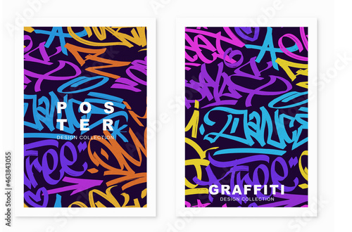 multicolored graffiti poster  background with marker letters  bright colored banner lettering tags in the style of graffiti street art. Vector illustration template set