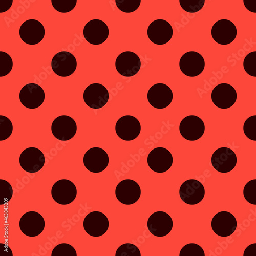 Lady bug seamless pattern. Polka dot retro vector background. Fabric swatch with black large circles on red. Ladybug repeat tile. Nature print.