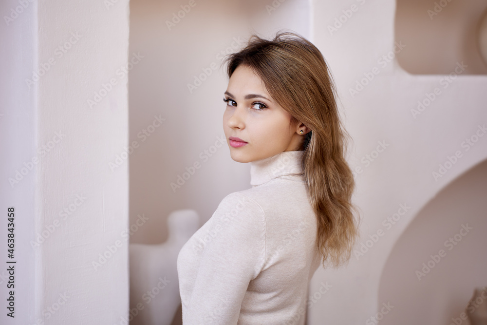 Portrait of blonde white young woman at home. Portrait of blonde white young woman at home.