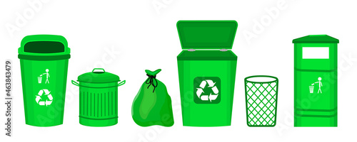 Set of garbage bins isolated on white background. Different empty green dustbins front view. Trash container, bucket, bag and basket. Collection of waste, litter or rubbish boxes. Vector illustration
