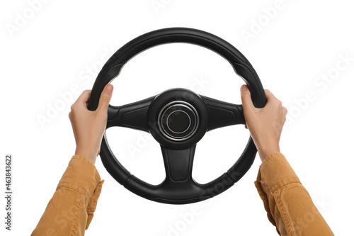 Canvas Print Woman with steering wheel on white background, closeup