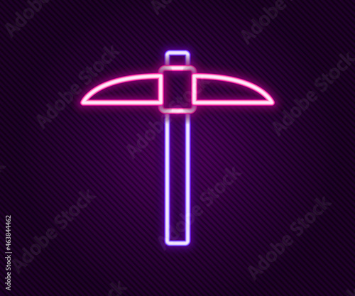 Glowing neon line Pickaxe icon isolated on black background. Blockchain technology, cryptocurrency mining, bitcoin, digital money market, cryptocoin wallet. Colorful outline concept. Vector